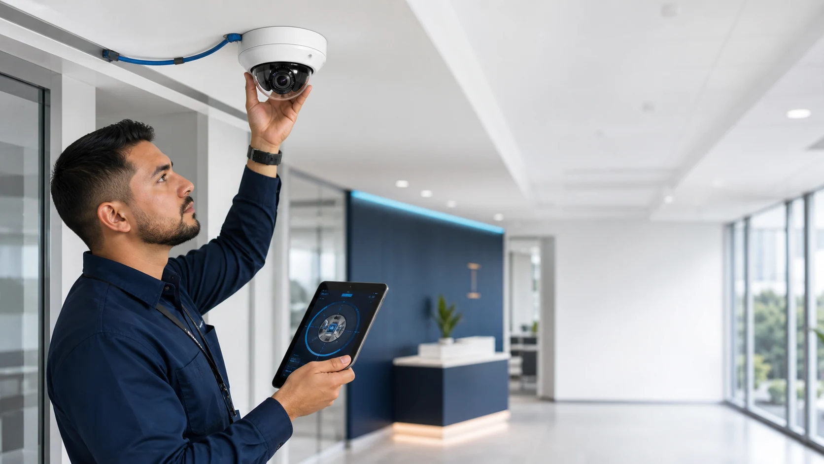 Técnico configurando una cámara de seguridad empresarial
